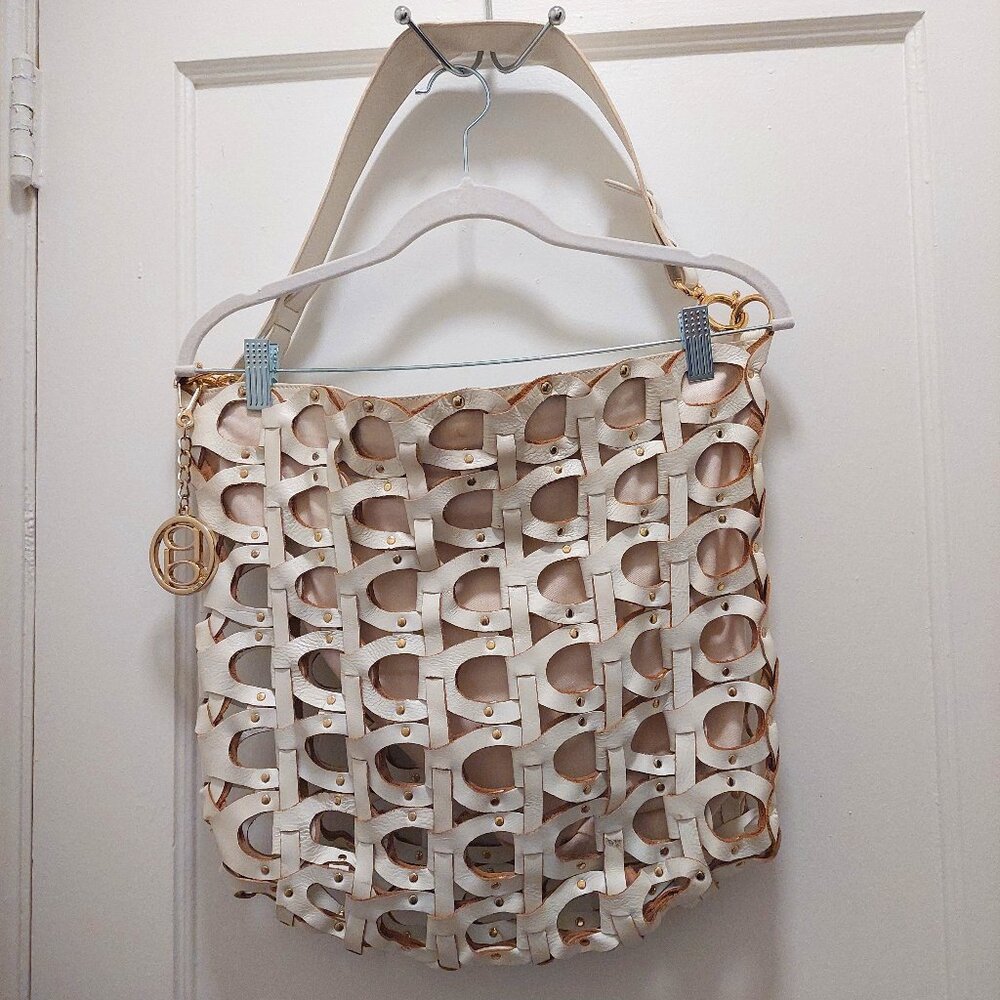 Vintage BEBE White Woven Leather Logo Hobo Bag W Key FOB Charm